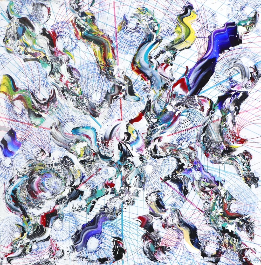 OPUS n°514 d'Alexandre Beridze, œuvre originale en technique mixte sur toile. Une composition abstraite foisonnante où des formes organiques multicolores, dominées par des bleus, violets, rouges, verts et jaunes, évoluent sur un fond blanc traversé d'un réseau de lignes courbes bleues et rouges, créant une impression de mouvement, de vibration et d'énergie.
