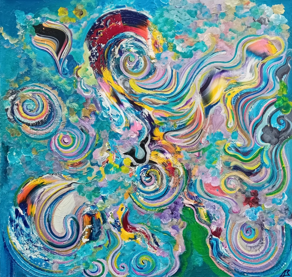 REFLECTION OPUS n°240 d'Alexandre Beridze, œuvre originale en technique mixte sur toile. Une composition abstraite aux dominantes turquoise, bleu et blanc, animée de spirales multicolores et de formes fluides évoquant l'eau, les nuages et l'énergie en mouvement.
