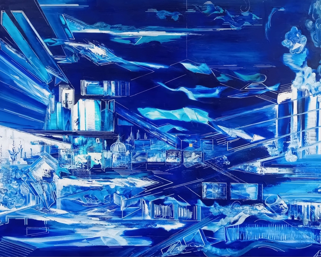 Symphonie en Blue d'Alexandre Beridze, œuvre originale en technique mixte sur toile. Une composition abstraite aux profondes nuances de bleu, où architectures futuristes, lignes géométriques et formes fluides s'entrelacent dans un univers lumineux évoquant une ville imaginaire baignée de lumière.