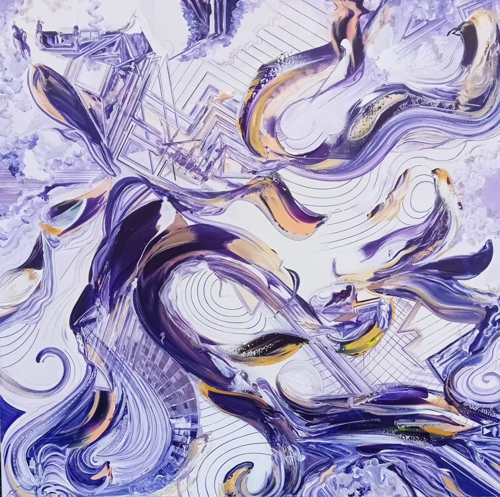 TRANSPSY OPUS n°241 d'Alexandre Beridze, œuvre originale en technique mixte sur toile. Une composition abstraite dominée par des nuances de blanc, de violet et de lavande, traversée de formes fluides, de spirales et de structures architecturales esquissées qui créent un univers aérien et poétique.