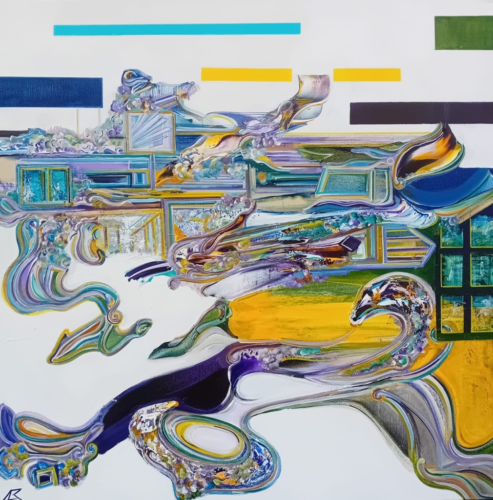 TRANSPSY OPUS n°449 d'Alexandre Beridze, œuvre originale en technique mixte sur toile. Une composition abstraite lumineuse où des formes fluides et architecturales se déploient sur un fond blanc, mêlant des nuances de bleu, turquoise, jaune, violet et vert dans un jeu de lignes, de volumes et de mouvements.