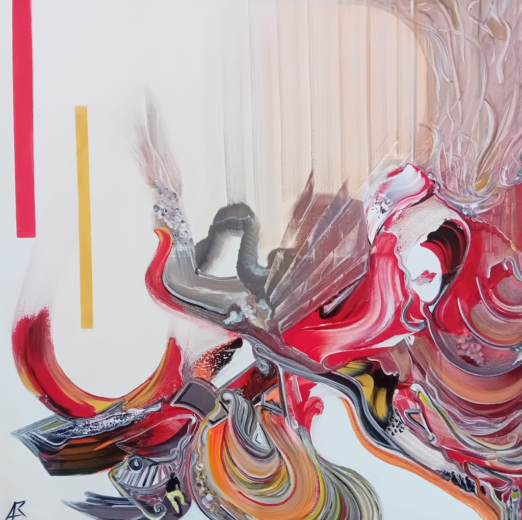 TRANSPSY OPUS n°517 d'Alexandre Beridze, œuvre originale en technique mixte sur toile. Une composition abstraite aux dominantes rouges, blanches, grises et orangées, où des formes fluides et des éléments architecturaux émergent d'un vaste espace lumineux, créant une impression de mouvement et de transformation.