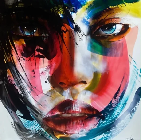 Mystere de Fabiola Govare, œuvre originale en technique mixte sur aluminium représentant un visage féminin aux couleurs vibrantes, mêlant abstraction et figuration dans un jeu de transparences et de contrastes.