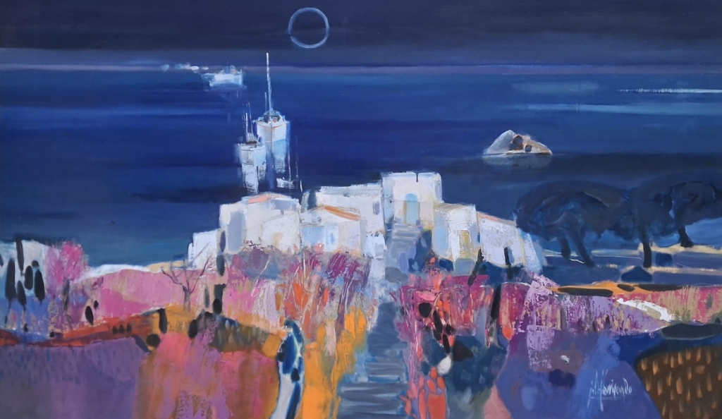 5032 de Jean-Louis Carricondo, huile sur toile originale représentant un village méditerranéen aux maisons blanches dominant une mer d'un bleu profond. Les champs aux nuances de rose, violet et orange entourent la composition tandis qu'un ciel nocturne paisible enveloppe le paysage d'une atmosphère poétique et contemplative.