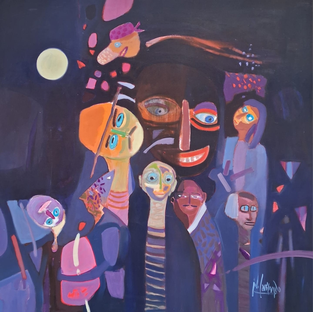 25034 de Jean-Louis Carricondo, huile sur toile originale représentant un groupe de personnages stylisés évoluant dans une atmosphère nocturne et mystérieuse. Dominée par des tonalités de bleu profond, de violet et de rose lumineux, la composition mêle visages masqués, regards expressifs et formes allongées dans un univers poétique et onirique.