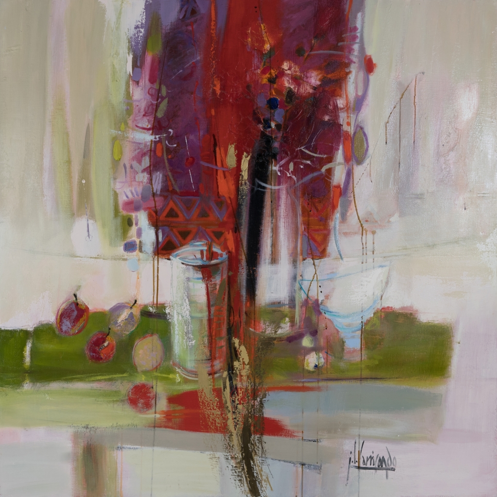 Huile sur toile originale de Jean-Louis Carricondo intitulée « 9113 », représentant une nature morte contemporaine composée de bouteilles, de verres et de fruits dans une composition verticale dominée par des rouges profonds, des violets et des verts lumineux. L'œuvre associe abstraction et figuration dans une atmosphère élégante et méditative.