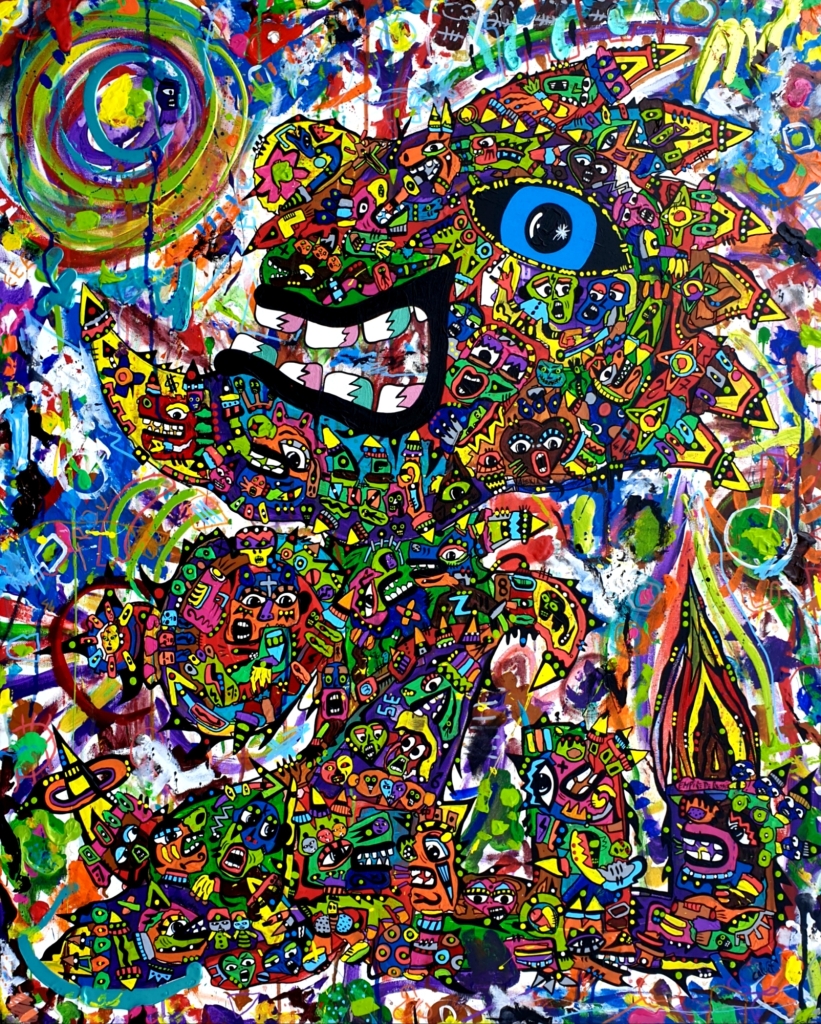 Au-delà des montagnes de Jean-Marc Calvet, acrylique sur toile originale représentant un grand personnage fantastique composé d'une multitude de figures colorées, de créatures imaginaires et de symboles. Sur un fond gestuel éclatant de couleurs, l'œuvre évoque un voyage initiatique entre imagination, liberté et dépassement de soi, caractéristique de l'univers foisonnant de l'artiste.