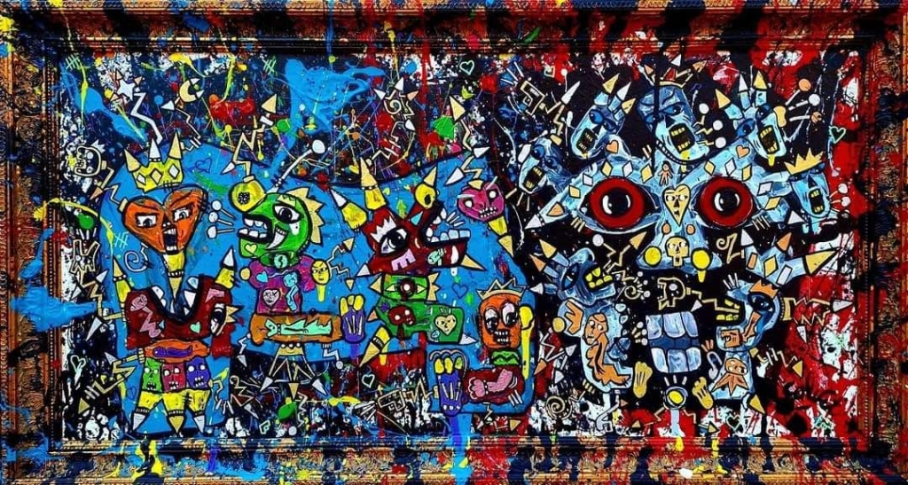Dogman de Jean-Marc Calvet, acrylique sur toile originale représentant une scène peuplée de personnages fantastiques aux couleurs éclatantes. Une imposante tête de chien stylisée aux grands yeux rouges domine la composition, entourée de figures imaginaires, de symboles et de projections de peinture dans un univers inspiré de l'art brut contemporain.
