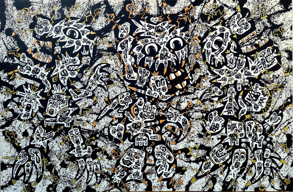 Les Conteurs de Jean-Marc Calvet, acrylique sur toile originale composée d'une multitude de personnages stylisés en noir, blanc et touches d'ocre. Les figures s'entrelacent sur un fond éclaboussé de peinture noire, créant une fresque foisonnante inspirée de l'art brut où chaque personnage semble raconter une histoire.