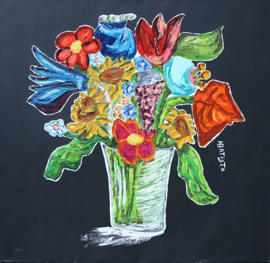 HELDER BATISTA PEINTURE FLEUR FOND NOIR BOUQUET exaltant