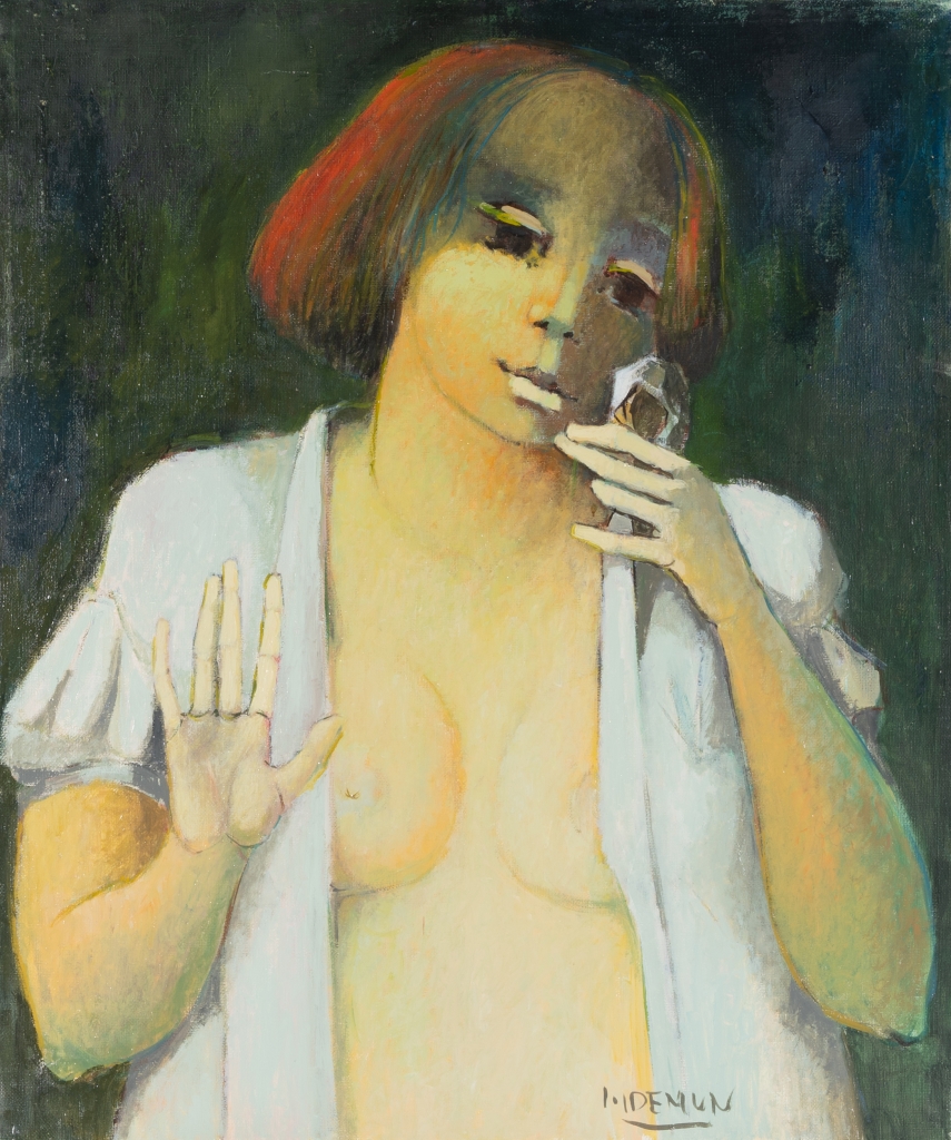 Oeuvre petit format réalisée en huile sur toile de l'artiste toulousain Guy DEMUN, représentant ici un personnage féminin admirative de sa propre image reflétée dans son petit miroir de poche.