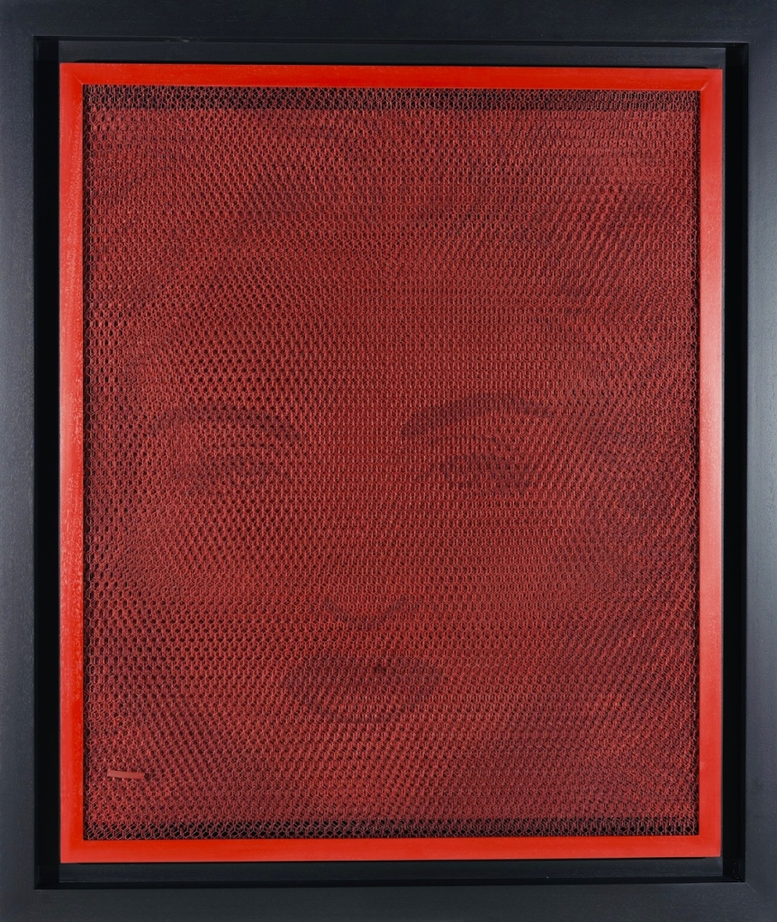 Madonna de Paul Alexis, œuvre contemporaine réalisée à partir de grilles peintes à l’aérosol sur toile, révélant un visage féminin en relief optique.