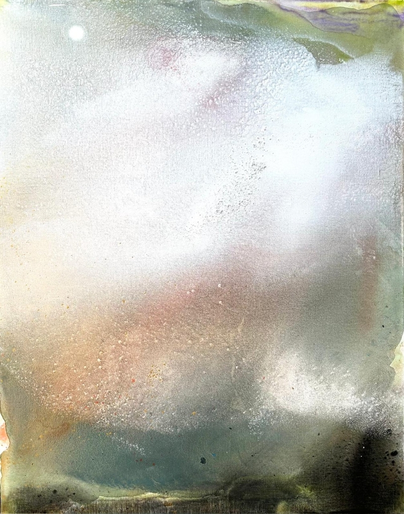 Oeuvre abstraite de Monique ORSINI réalisé en technique mixte sur toile grace à la dilution de pigments. Composition de grand format à l'allure orageuse