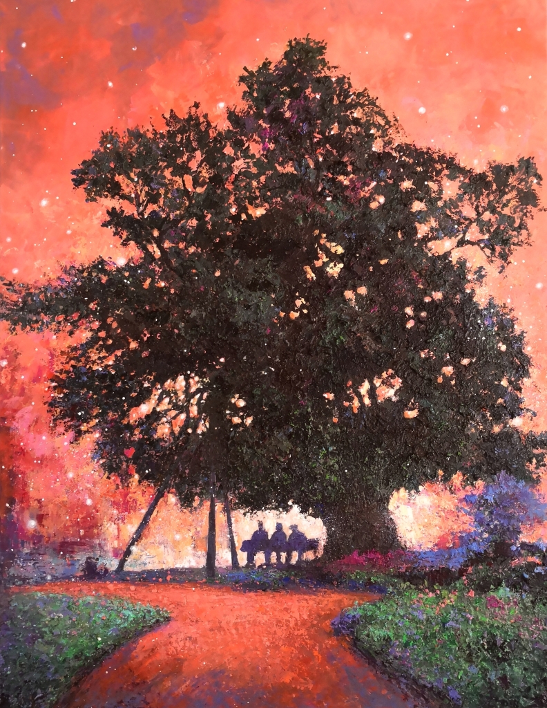 Les Veilleurs de Joss Blanchard, œuvre originale en technique mixte sur toile. Un arbre majestueux se dresse au crépuscule sous un ciel flamboyant, tandis que trois silhouettes assises sous son feuillage évoquent la contemplation, le partage et la transmission.