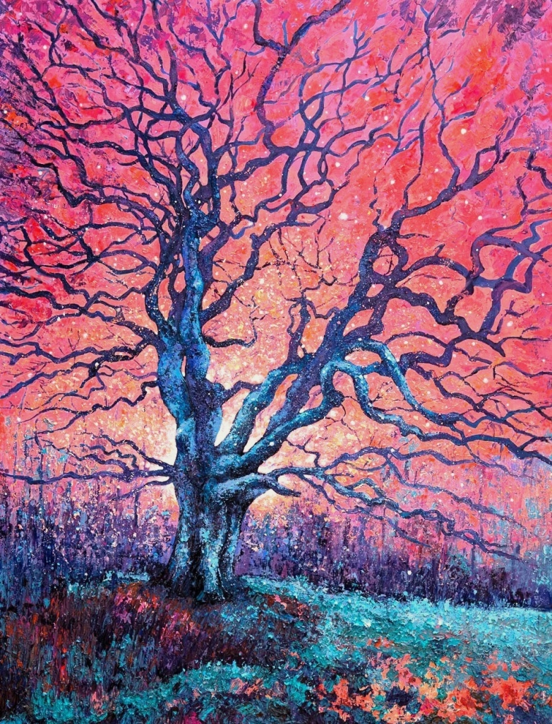 L'Arbre qui parlait aux étoiles de Joss Blanchard, œuvre originale en technique mixte sur toile. Un arbre majestueux aux branches sinueuses se déploie sous un ciel rose flamboyant, dans une composition onirique où la nature semble dialoguer avec l'univers.