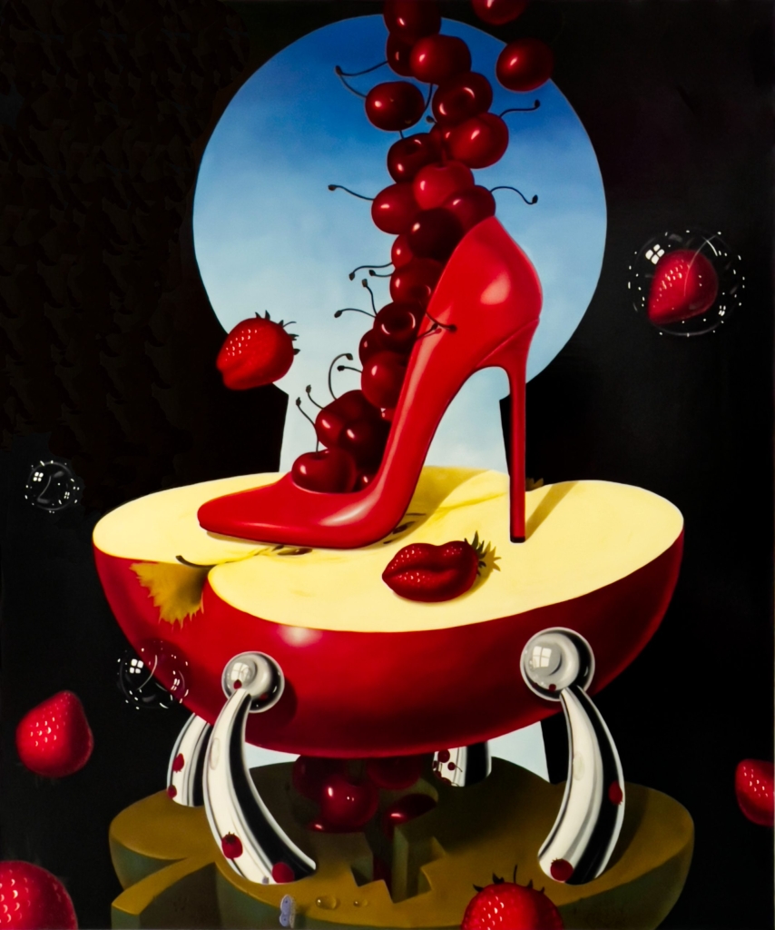 Oeuvre surréaliste de Patrick CASSAR peinte en huile sur toile nous proposant ici une composition où la couleur dominante est le rouge et où l'on peut y voir un escarpin couvert d'une pluie de fruits rouges au premier plan devant un trou de serrure faisant office de fond.