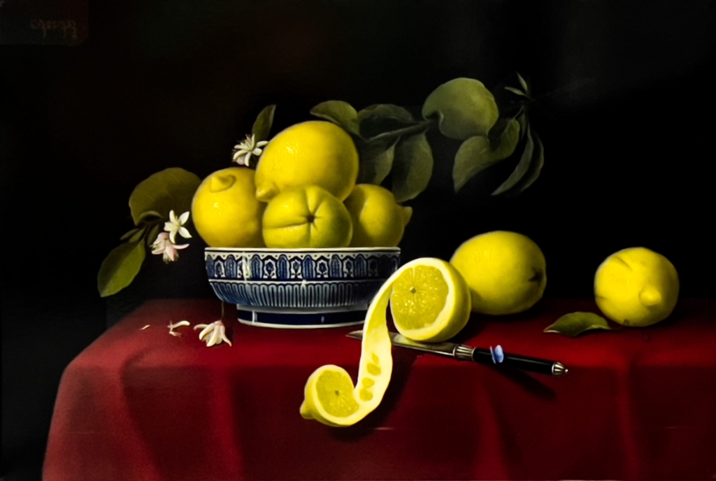 Nature morte au citrons exécuté par l'artiste Partick Cassar en peinture à l'huile sur toile, oeuvre très lumineuse