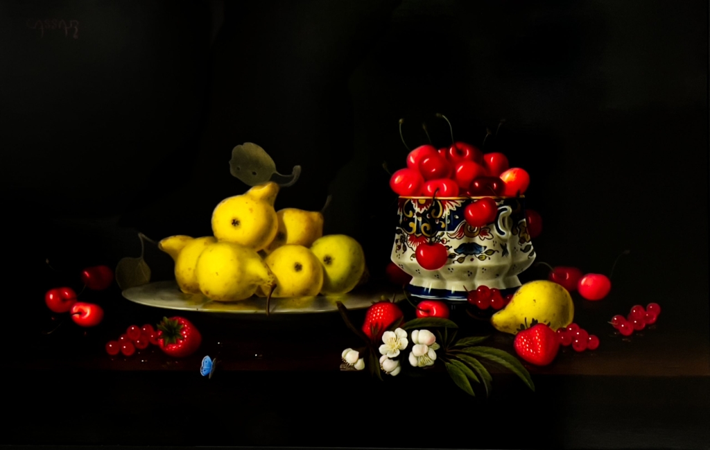très belle réalisation exécutée en peinture à l'huile sur toile par l'artiste français Patrick CASSAR nous offrant ici le spectacle d'une nature morte au rouge et jaune eclatants contrastés par le fond noir