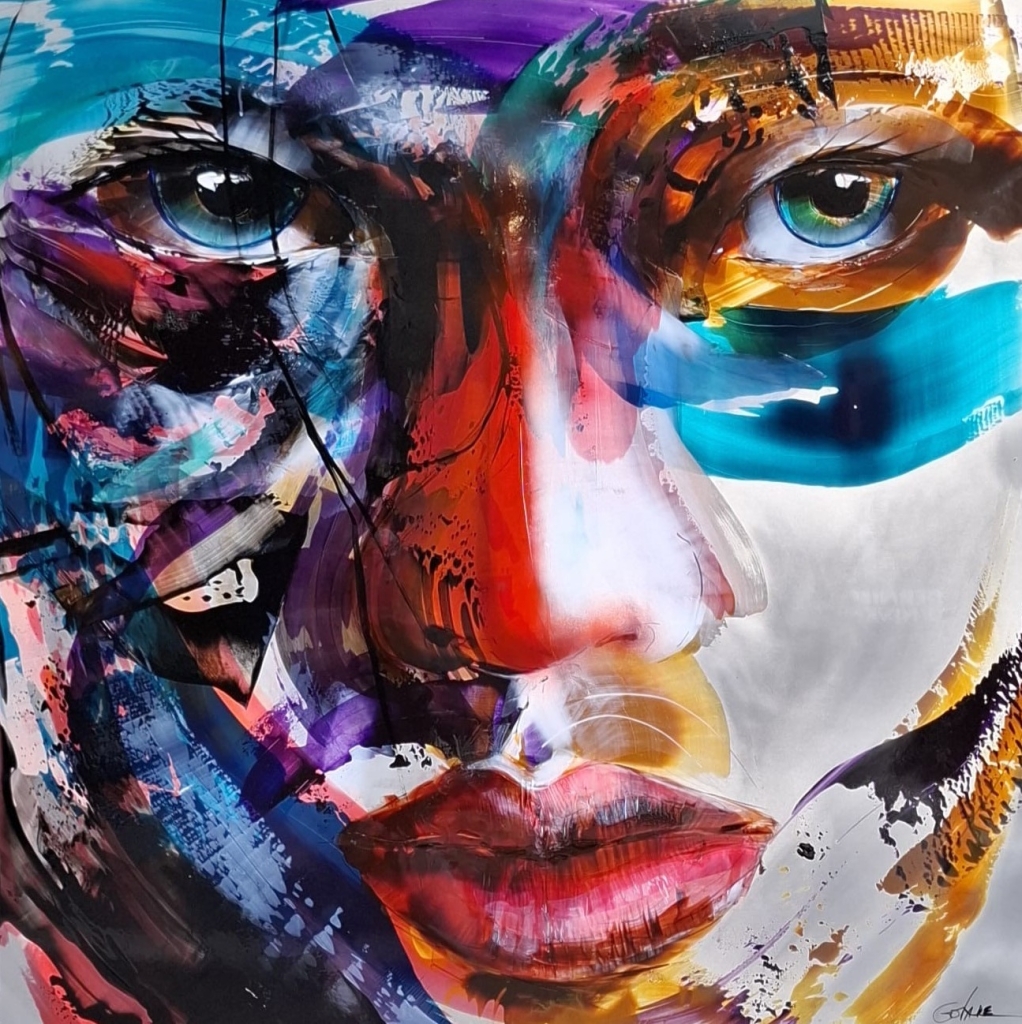 Magnifique peinture sur aluminium de Fabiola Govare intitulée puissance représentant un visage féminin abstrait avec beaucoup de couleurs, c'est un format carré