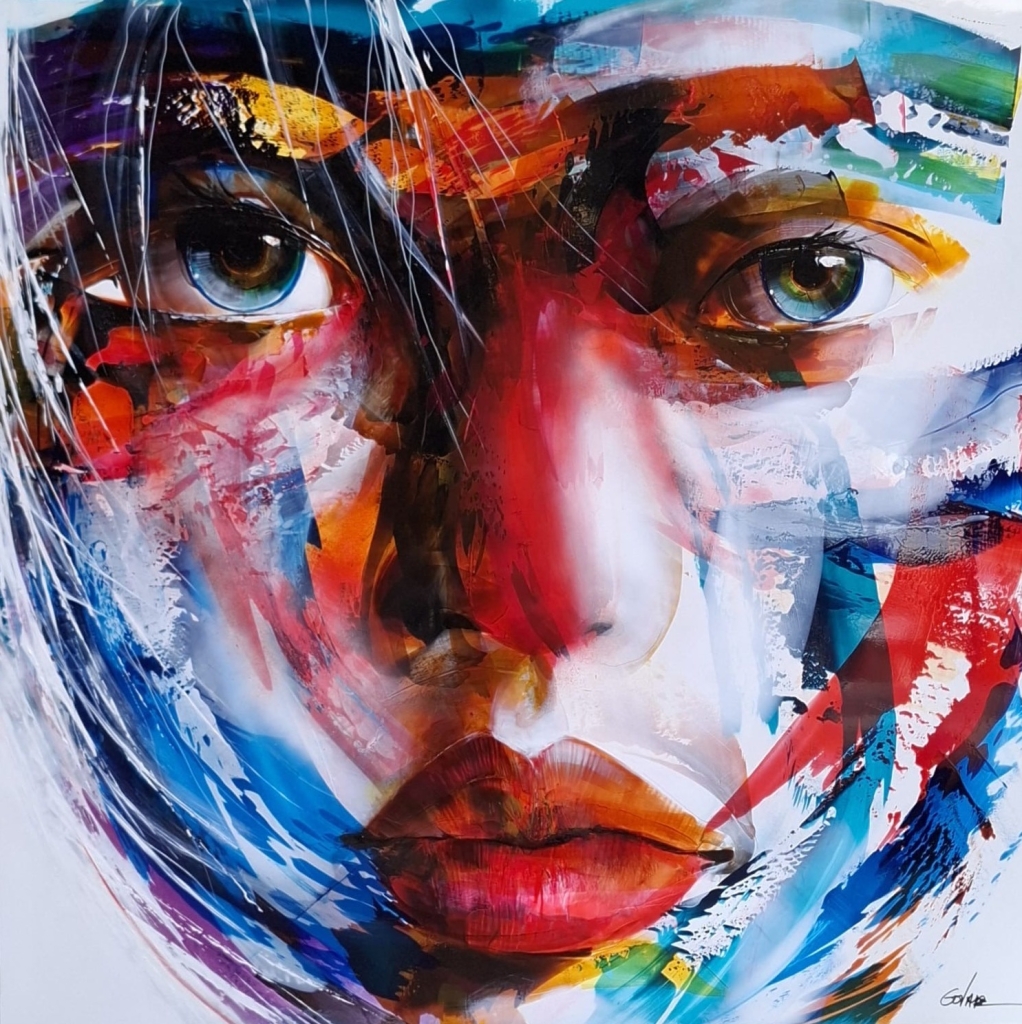 Peinture sur aluminium de Fabiola Govare intitulée tendresse représentant un visage féminin abstrait avec beaucoup de couleurs, c'est un format carré sur fond blanc