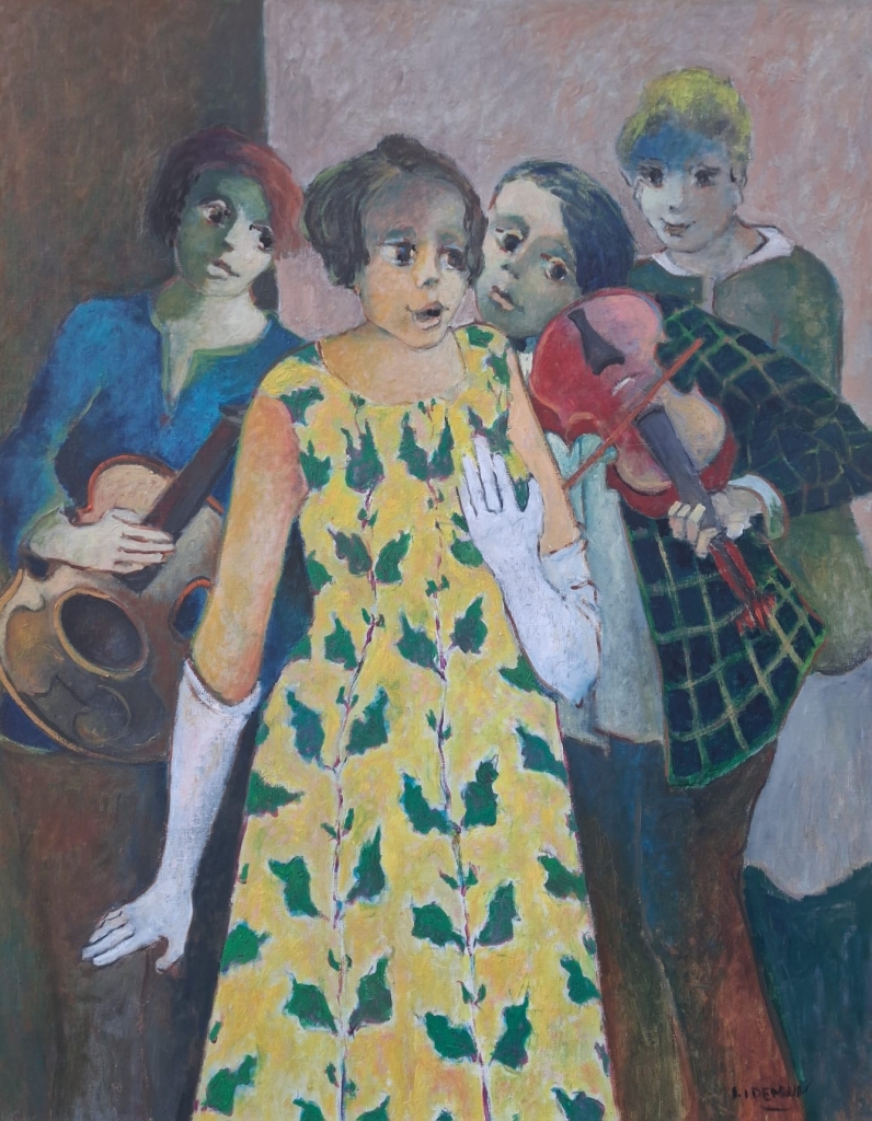 Oeuvre figurative de l'artiste toulousain Guy DEMUN mettant en scène un groupe de femme jouant de la musique, deux d'entres elles tenant un violon tandis que le personnage principal au premier plan est vêtue d'une robe jaune à motif et longs gants blancs. Composition réalisée en peinture à l'huile sur toile de format intermédiaire