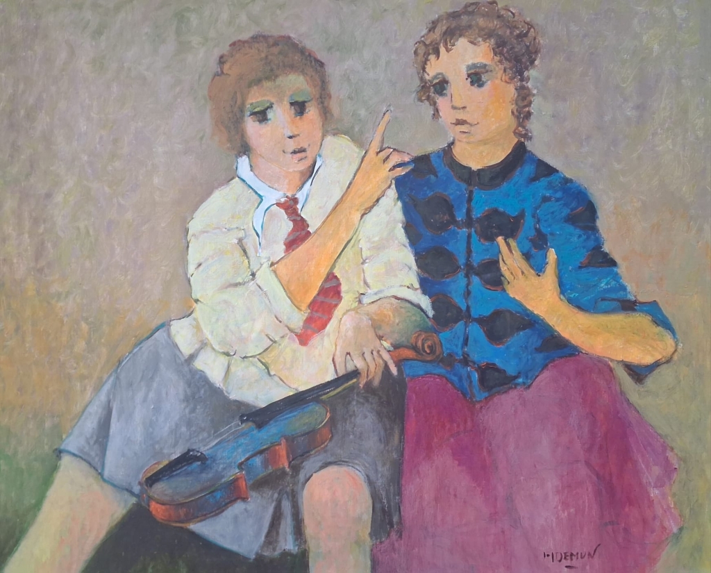 Composition de format intermédiaire exécutée en huile sur toile par l'artiste Guy DEMUN représentant ici deux femmes, l'une d'elle tenant un violon et donnant une leçon de musique à la seconde. Fond pastel beige et tenues des protagonistes relevant du siècle dernier