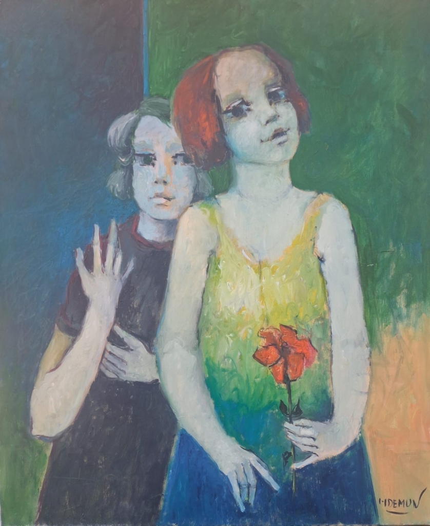 Oeuvre nymphiste de l'artiste Occitan Guy DEMUN, représentant ici deux femmes s'apparentant à la mère et la fille, Le personnage principal tenant une fleur rouge dans la main. les couleurs dominantes sont le vert et le bleu