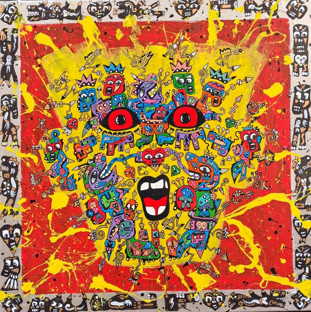 Rage de Jean-Marc Calvet, acrylique sur toile originale représentant un visage stylisé composé d'une multitude de personnages, créatures fantastiques et symboles colorés. Sur un fond rouge et jaune éclaboussé de projections de peinture, l'œuvre exprime une énergie brute et une intensité émotionnelle caractéristique de l'univers de l'artiste.