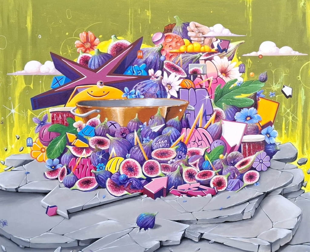 Composition de l'artiste ZESO peinte en acrylique sur toile représentant ici d'un air humoristique la conception d'une confiture de figues Les couleurs vives, les caractères inspirés des cartoons et le style urbain de l'oeuvre lui confère une atmosphère sympathique.