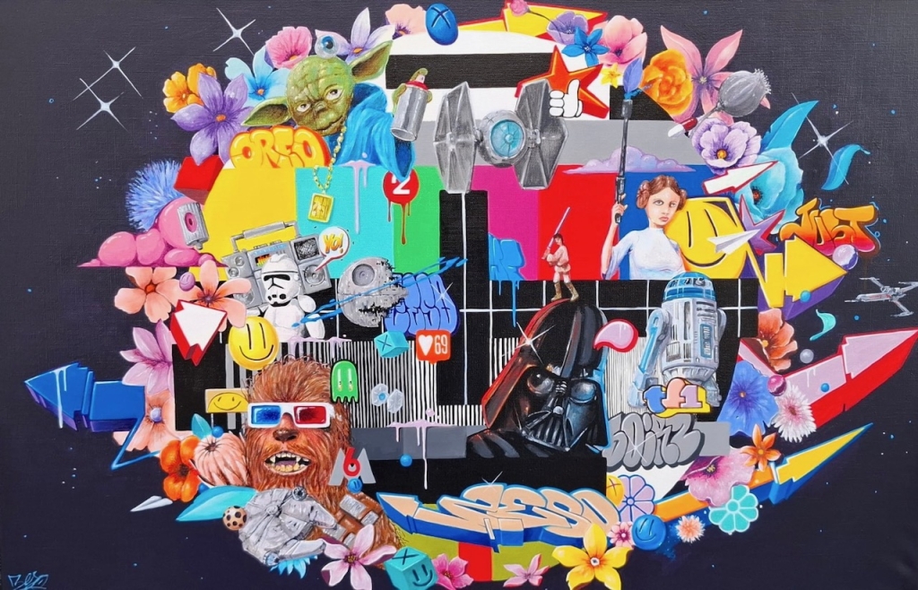 Oeuvre peinte en acrylique et aérosol sur toile par le street artiste français ZESO mettant à l'honneur les années 1990 à travers ces nombreuses références à des films américains ayant bercé son enfance, notamment Star Wars. Peinture très colorée sur fond noir