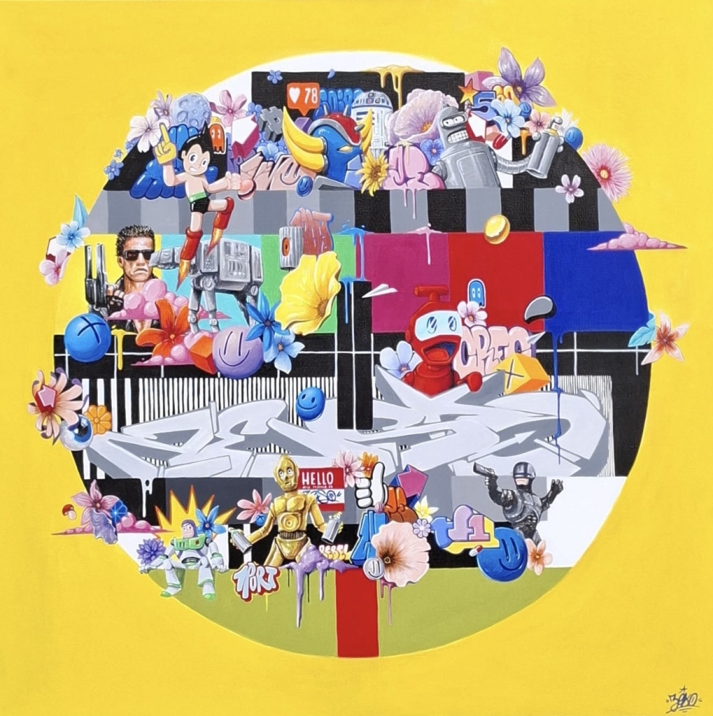 Oeuvre de format carré peinte sur fond jaune en acrylique sur toile par l'artiste français Zeso. Rattachée à la figuration libre cette composition est emplie de références cinématographique de la fin des années 90 venant se poser en premier plan sur le logo de la MIRE