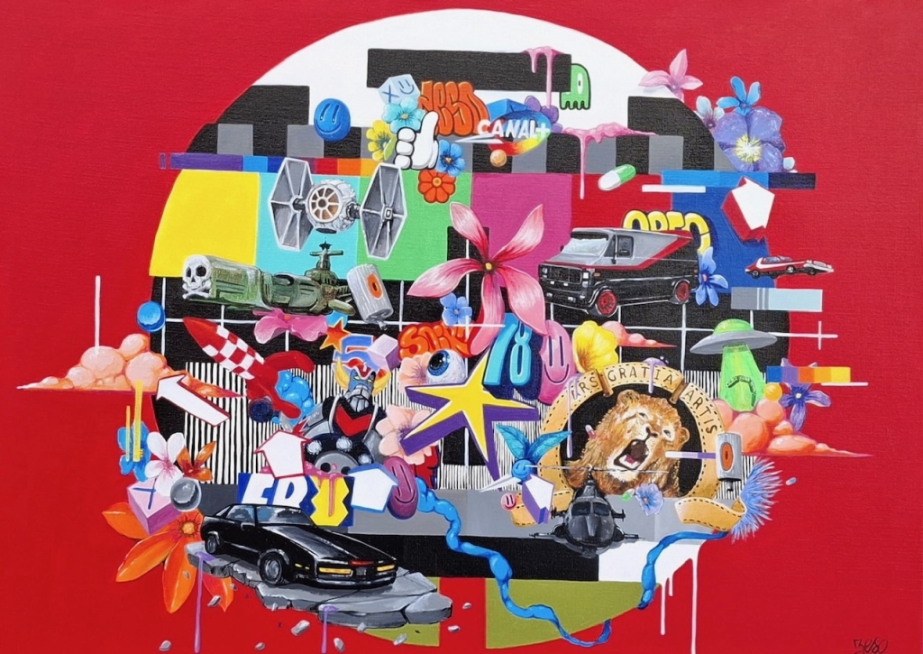 Oeuvre peinte en acrylique sur toile du street artiste ZESO, se rattachant à la figuration libre, cette composition rend hommage aux films et série fétiches de l'artiste avec de nombreux personnages et objets peints sur le logo de la MIR, le tout exécutée sur fond rouge.