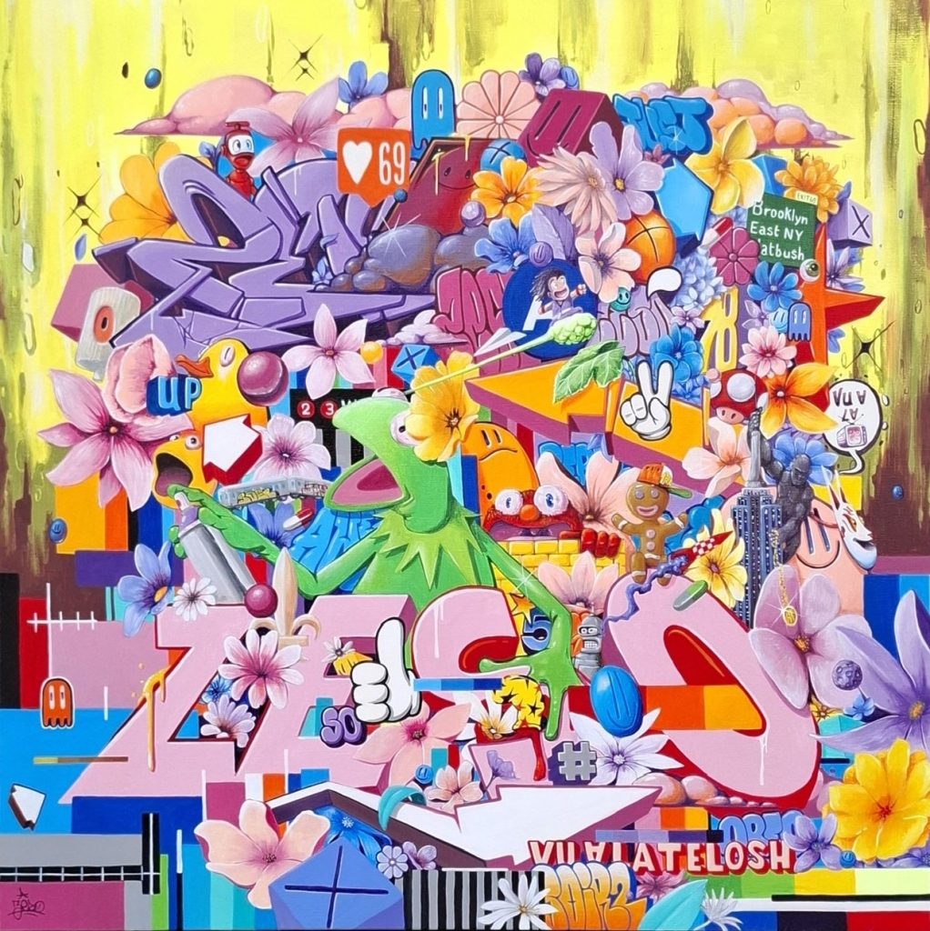 Florilège de références cinématographiques des années 1980-90 à travers cette toile au couleurs vives peinte en acrylique sur toile par l'artiste ZESO issue de la scène urbaine. travail réalisé suivant le courant de la figuration libre