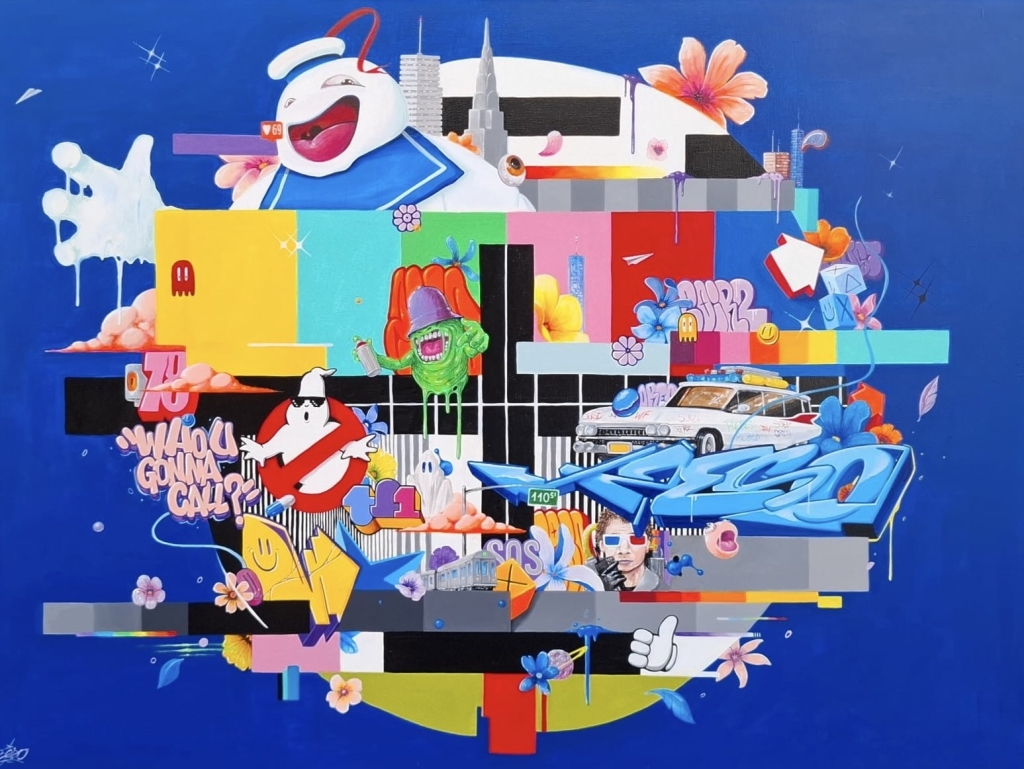 Très belle création de l'artiste ZESO peinte sur fond bleu en acrylique sur toile ou s'entremêlent différentes references aux films et séries des années 1980 1990 apposées en premier plan sur le logo de la MIRE télévisée