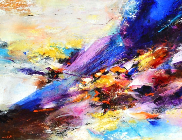 Composition très lumineuse de Kaloon CHHOUR nous offrant ici une oeuvre contemporaine abstraite polychrome où s'entremêlent les projections, taches et coups de pinceaux exécutés en peinture à l'huile sur toile.