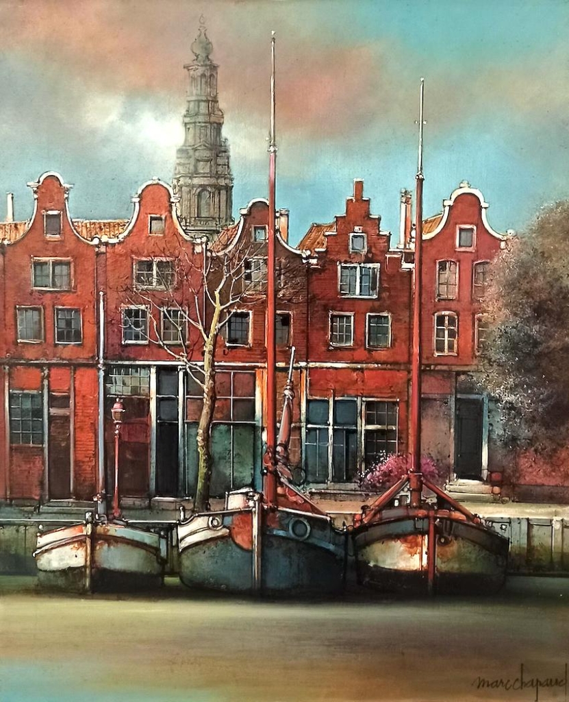 Très belle Toile Figurative de l'artiste français Marc CHAPAUD peinte en huile sur toile représentant un canal d'Amsterdam reconnaissable à ces façades en briques rouges, il y règne une atmosphère de nostalgie