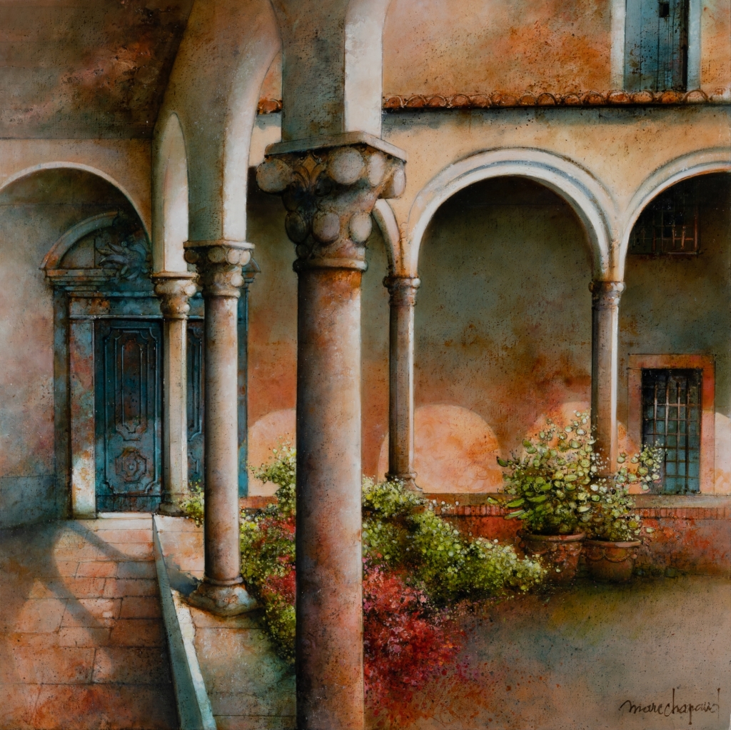Peinture à l'huile sur toile de format carré peinte dans un style ultra réaliste par l'artiste français Marc CHAPAUD représentant ici une cour intérieure en Italie.