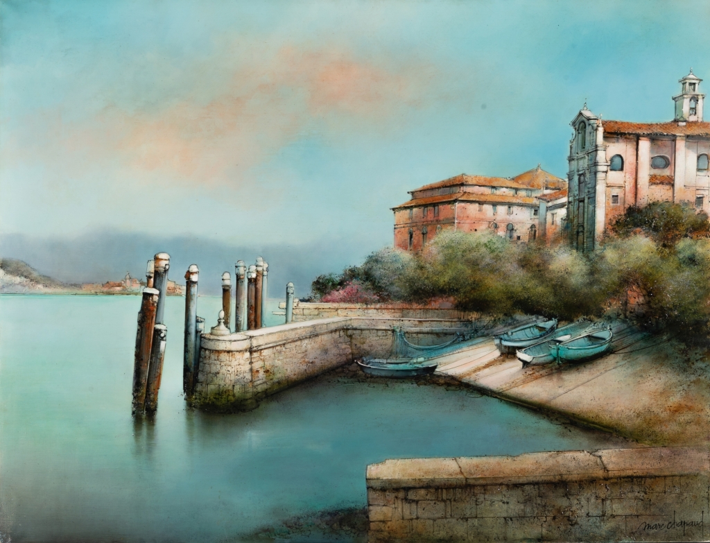 Magnifique et reposante oeuvre de Marc CHAPAUD peinte en huile sur toile représentant de manière figurative le lac Isola Bella en Italie, d'un extrême réalisme cette toile où le bleu est dominant nous rappelle la précision et la maitrise dont l'artiste fait preuve dans son travail .