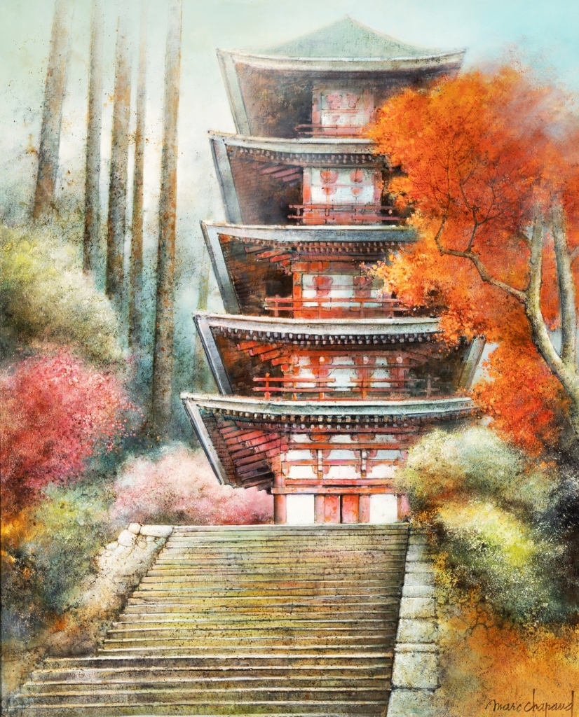 Toile d'inspiration japonaise peinte par Marc CHAPAUD en peinture à huile retranscrivant à merveille l'atmosphère ressentie devant un temple, par ces couleurs douces et vives dont son dotées fleurs et bâtiments. Composition ultra réaliste.