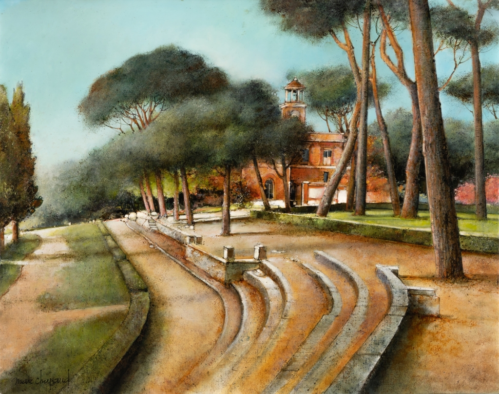 Très belle composition figurative peinte par l'artiste Marc CHAPAUD ,nous proposant ici une vue du parc de la villa Borghese à Rome dans des tonalités de couleurs vives et estivales.