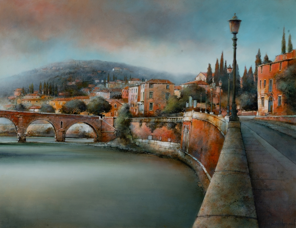 Très belle et nébuleuse composition de Marc CHAPAUD traitant à merveille le sujet de la ville Italienne de Vérone avec son célèbre fleuve de l'Adige peints en huile sur toile de format intermédiaire. Cette oeuvre figurative caractérielle du travail de l'artiste nous plonge à travers ce paysage dans une contemplation méditative
