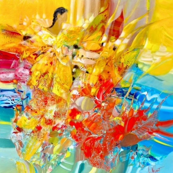 Peinture à l'huile sur toile intitulée BELLE NATURE de Gérard LE NALBAUT, représentant une femme dans une végétation luxuriante très colorée Les couleurs dominantes sont le jaune le rouge et le bleu