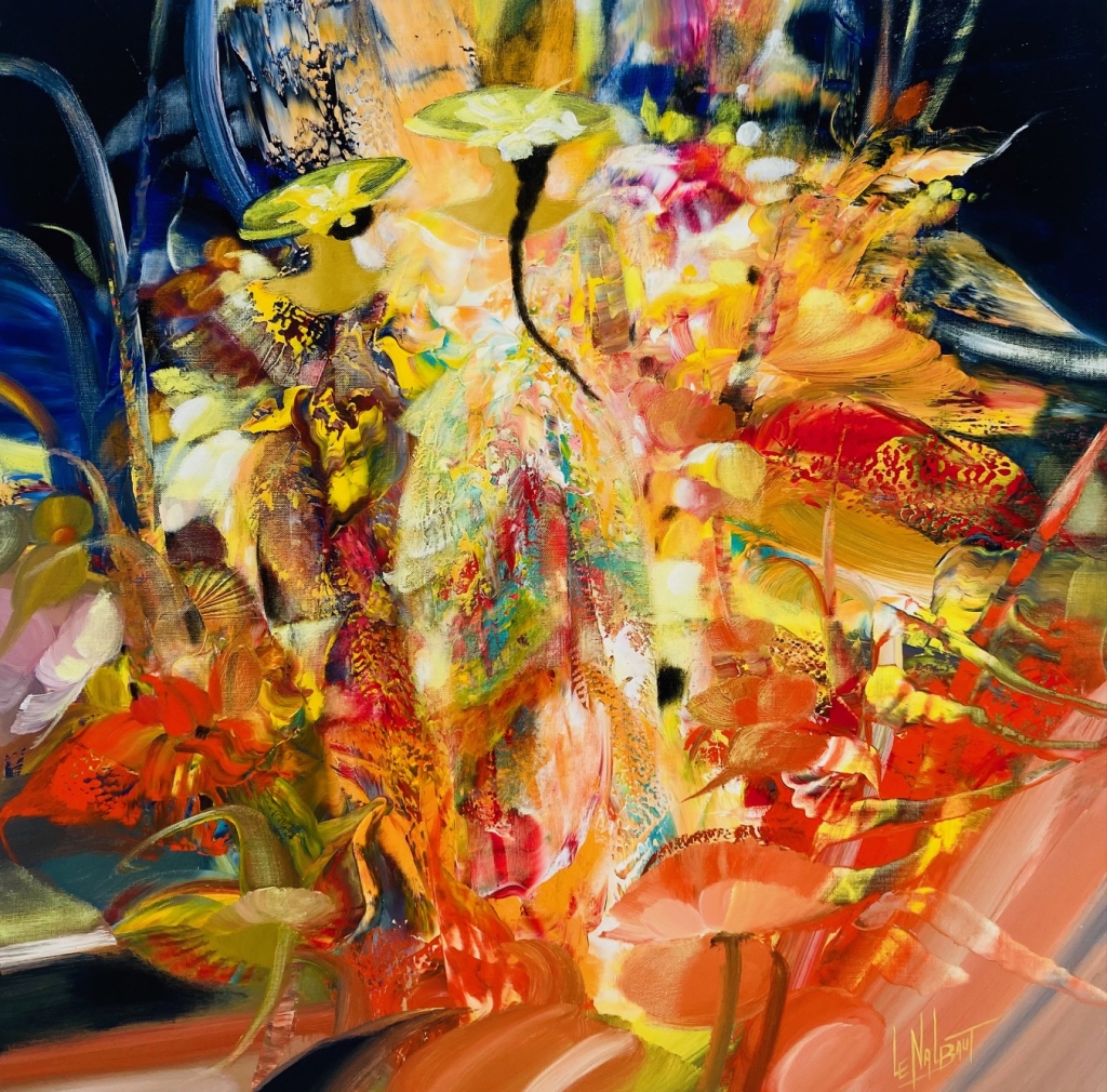 « Flore d'une île », peinture originale de Gérard Le Nalbaut à l'acrylique sur toile, représentant une composition florale foisonnante aux couleurs vives et lumineuses.