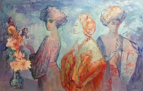 Peinture à l'huile sur toile intitulée CLAIR DE LUNE de Hervé LOILIER, oeuvre figurative représentant trois femmes sur un fond abstrait de couleur bleu-violet. La figure féminine centrale peinte de profil est vêtue d'une robe orangée tandis que les autres sont en violet. Un bouquet de fleur richement garnit est place dans le coin bas gauche de la composition. La couleur principale est le violet.