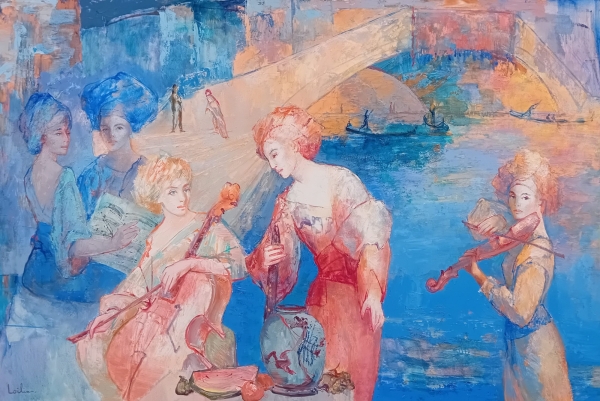 Peinture à l'huile sur toile intitulée CONCERTINE de Hervé LOILIER, oeuvre figurative représentant un groupe de femmes musiciennes placées en premier plan sur un canal de style vénitien reconnaissable grâce aux gondoles et au pont placé en arrière plan. Les couleurs dominantes sont le rouge et le bleu azur