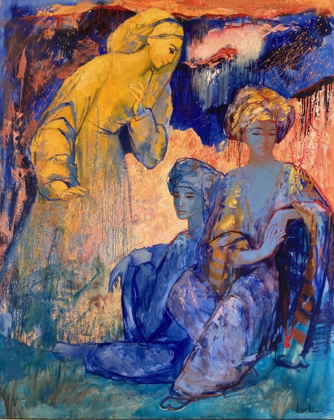 Peinture à l'huile sur toile intitulée NUIT ETOILEE de Hervé LOILIER est une composition figurative de trois femmes méditerranéennes. Celle de gauche vêtue d'une robe ocre jaune orangé a une posture debout portant un regard attendrissant sr ses consoeurs. La figure du centre vêtue de bleu est assise de trois quart de dos et la dernière à la droite de la composition semble assise avec les mains croisées. le fond est abstrait et éthéré mais suggère un ciel bleu outremer. l'atmosphère est mystique