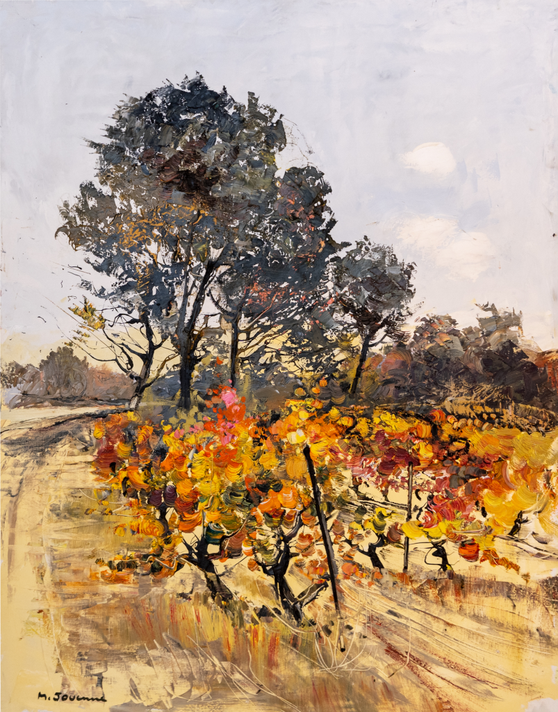 Peinture en huile sur toile intitulée BOUQUUET D'ARBRES DANS LES VIGNES de Michel JOUENNE, cette composition figurative est la représentation d'un paysage provençal avec une terre sèche, des vignes et des arbres, les couleurs dominantes sont orangées
