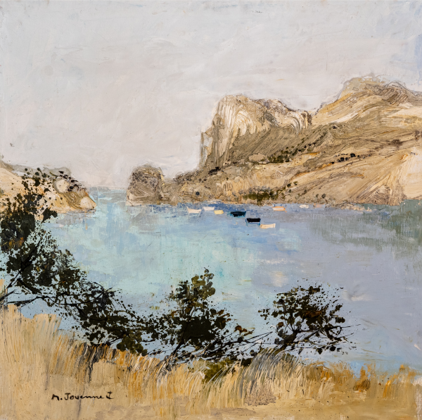 Peinture en huile sur toile intitulée CALANQUE de Michel JOUENNE, cette composition figurative est la représentation de quelques arbustes sur le flanc d'une calanque avec la mer d'un bleu azur