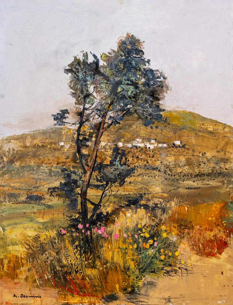 Peinture en huile sur toile intitulée FLEURS D'ETE de Michel JOUENNE, cette composition figurative est la représentation d'un paysage provençal avec des hautes heures et un arbuste sur une terre sèche, le ciel et gris mais lumineux
