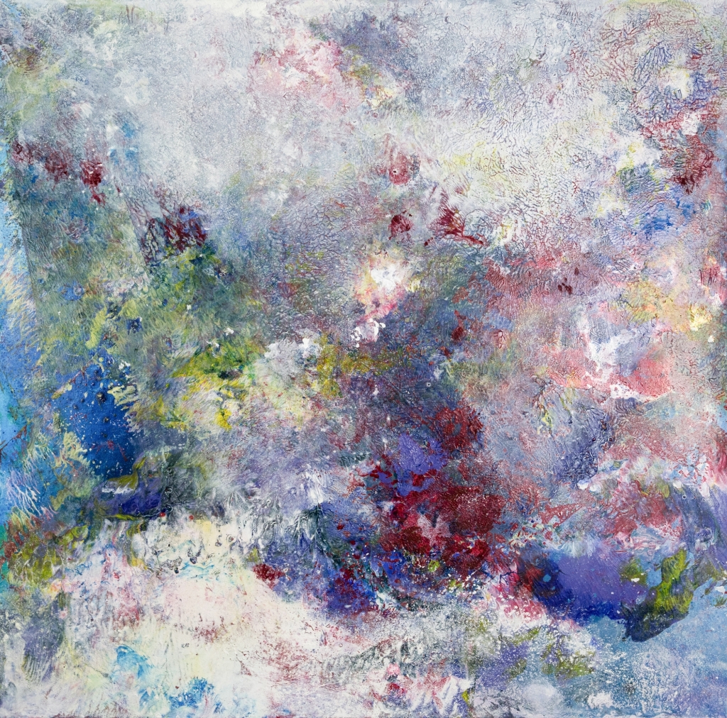 Composition haute en couleur de l'artiste Monique ORSINI réalisée en technique mixte sur toile et rendant hommage au célèbre village de Giverny. Oeuvre contemporaine abstraite de format carré ou les couleurs se fondent poétiquement les unes aux autres.